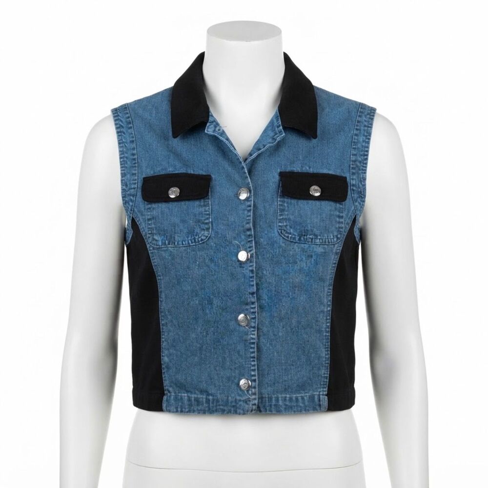 Frankie D Vintage Y2K 90s Blue Denim Black Contrast Panel Collared Vest M Indie